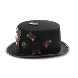 Steampunk top hat right side view showcasing brass gears, riveted leather patches, and small crown embellishments