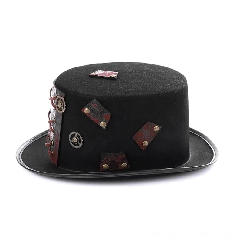 Steampunk top hat right side view showcasing brass gears, riveted leather patches, and small crown embellishments