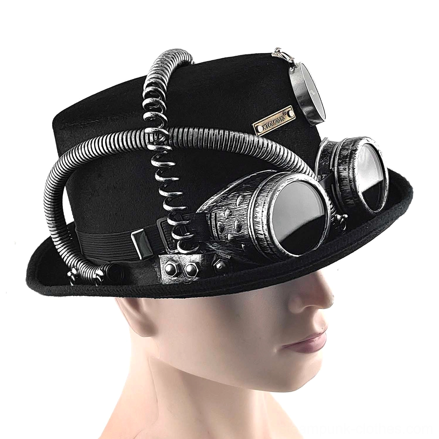Steampunk hat right side profile view showcasing silver spiral pipes, goggles fasteners and felt construction detail