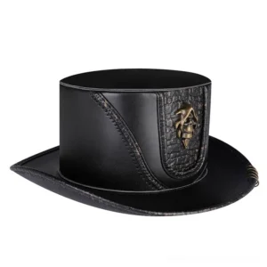Steampunk top hat left side profile showing spring metal accent trim and bronze badge detail