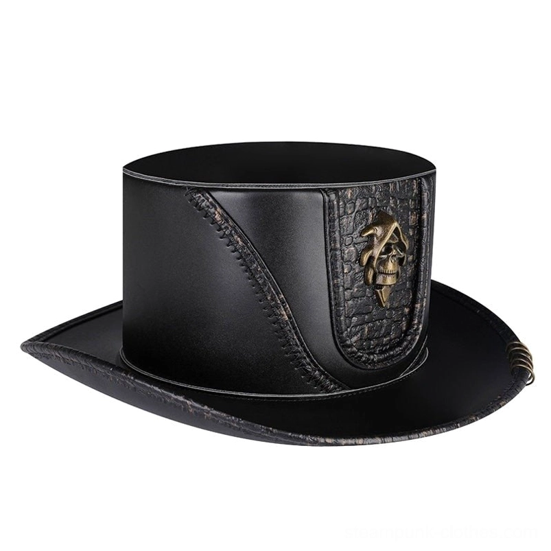 Steampunk top hat left side profile showing spring metal accent trim and bronze badge detail