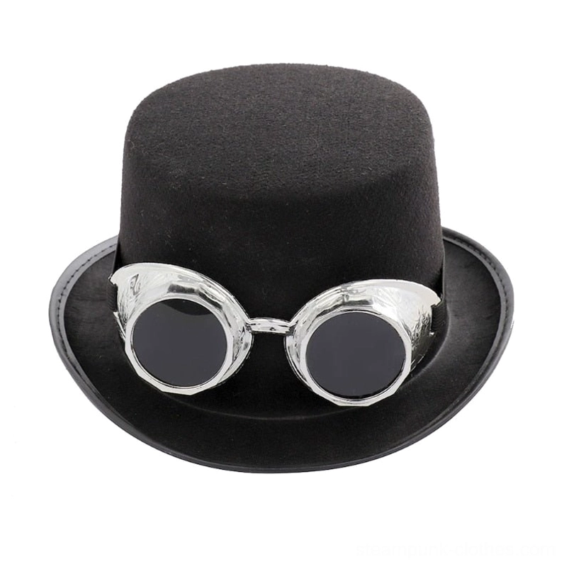 Black steampunk top hat with removable silver goggles - flat lay product photograph showing alternative silver finish option