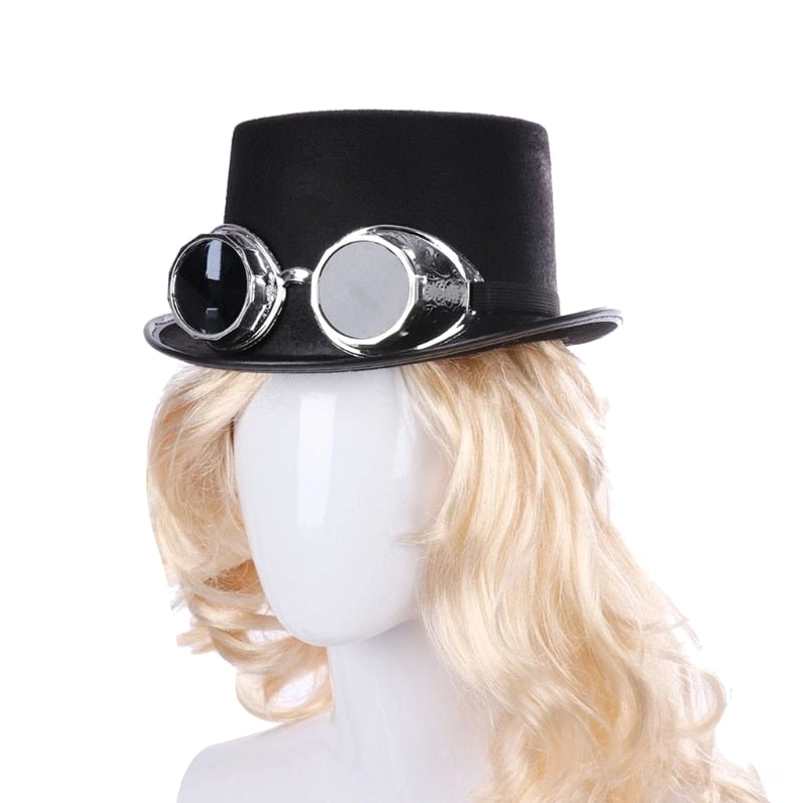 Steampunk hat with silver goggles worn on mannequin - frontal styling view demonstrating silver goggle aesthetic on head