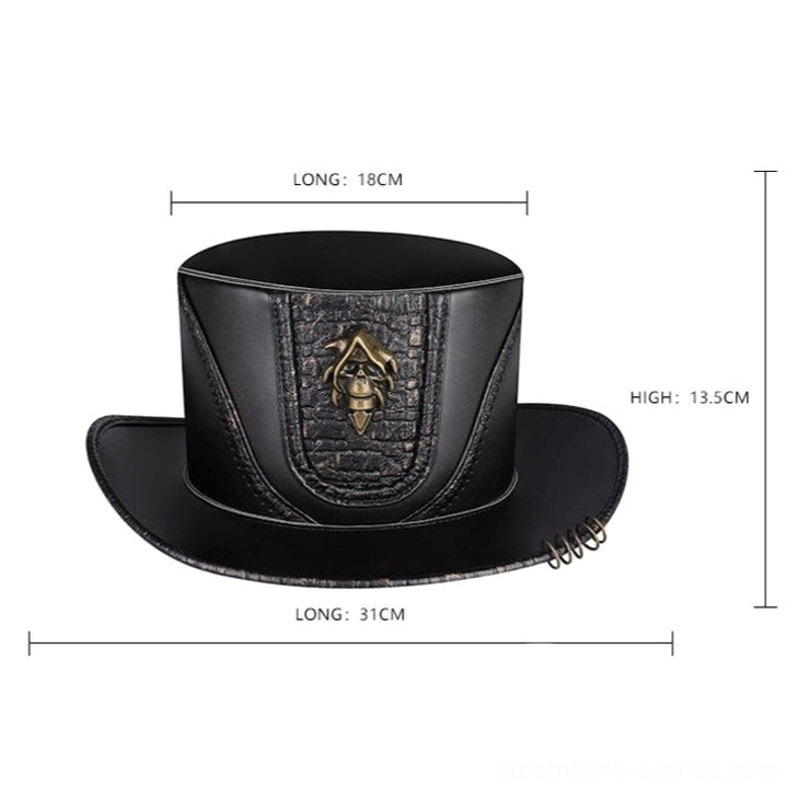Steampunk leather top hat with dimensions shown, 31cm total length and 13.5cm height specification