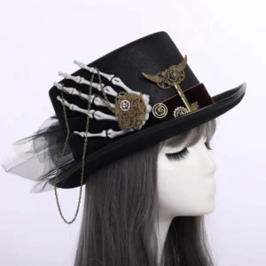 Steampunk top hat with skeleton hand embellishment worn on female mannequin, right profile view showcasing gears, chains and black mesh veil details against white background