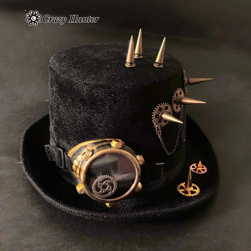 Steampunk spike top hat with attached brass goggles and chain ornaments, three-quarter front view on dark backdrop