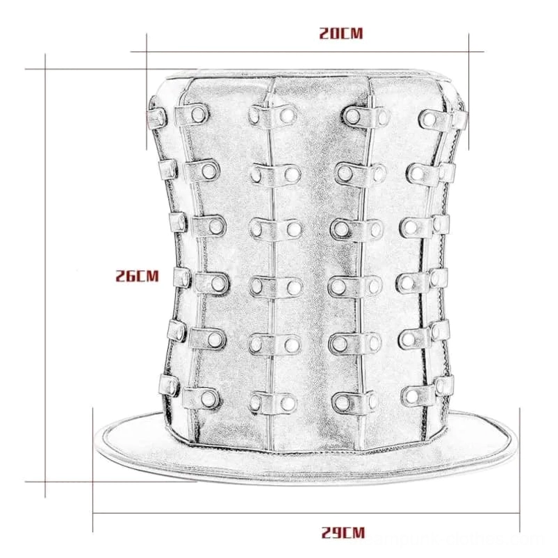 Steampunk top hat technical drawing orthographic view with buckle strap design and size specifications
