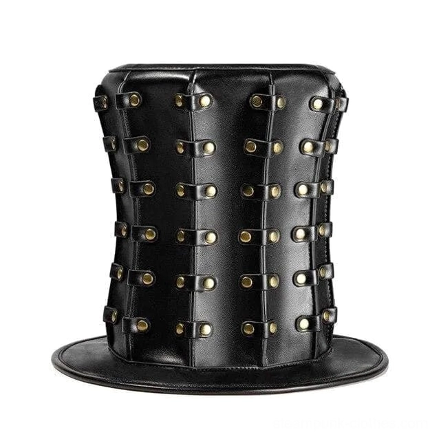 Steampunk formal top hat front view with vertical rivet straps and wide brim Victorian silhouette
