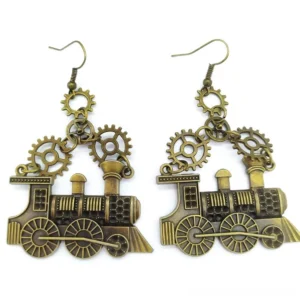 Vintage steampunk train drop earrings with engraved locomotive details and gear links in bronze-toned metal, front view on white studio background showcasing full earring design