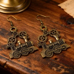 Steampunk train drop earrings with mechanical gears in antique bronze finish, displayed on vintage wooden desktop flat lay, showing intricate gear accents and retro locomotive design details