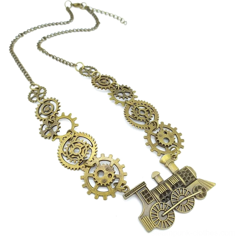 Overhead angled view of dark bronze steampunk steam train necklace showing side-facing locomotive pendant and adjustable gear chain links with secure clasp