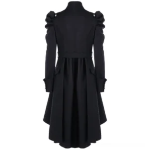 Black steampunk gothic trench coat back view showing pleated skirt and tailored waist design