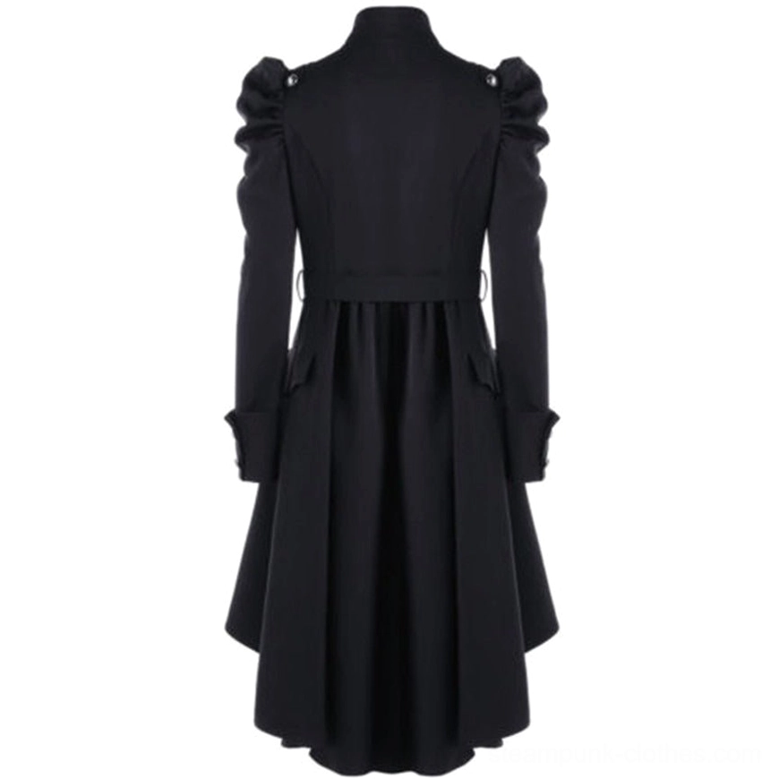 Black steampunk gothic trench coat back view showing pleated skirt and tailored waist design
