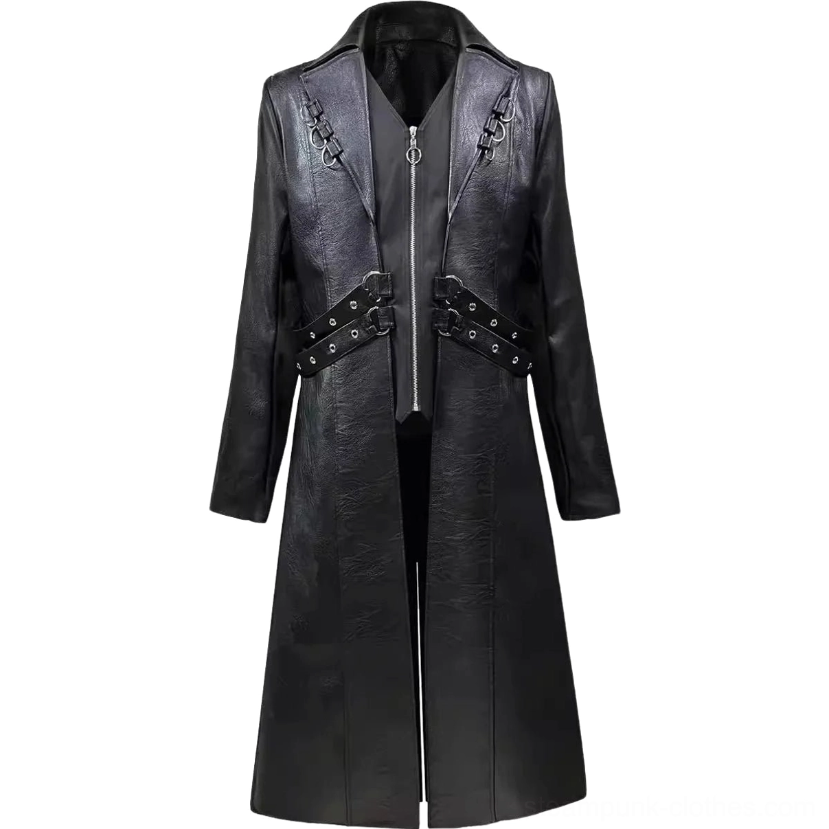 Black steampunk faux leather trench coat flat lay display with metal buckle and grommet details