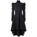 Black steampunk gothic trench coat front view with puff sleeves and high-low hemline on dress form