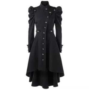 Black steampunk gothic trench coat front view with puff sleeves and high-low hemline on dress form