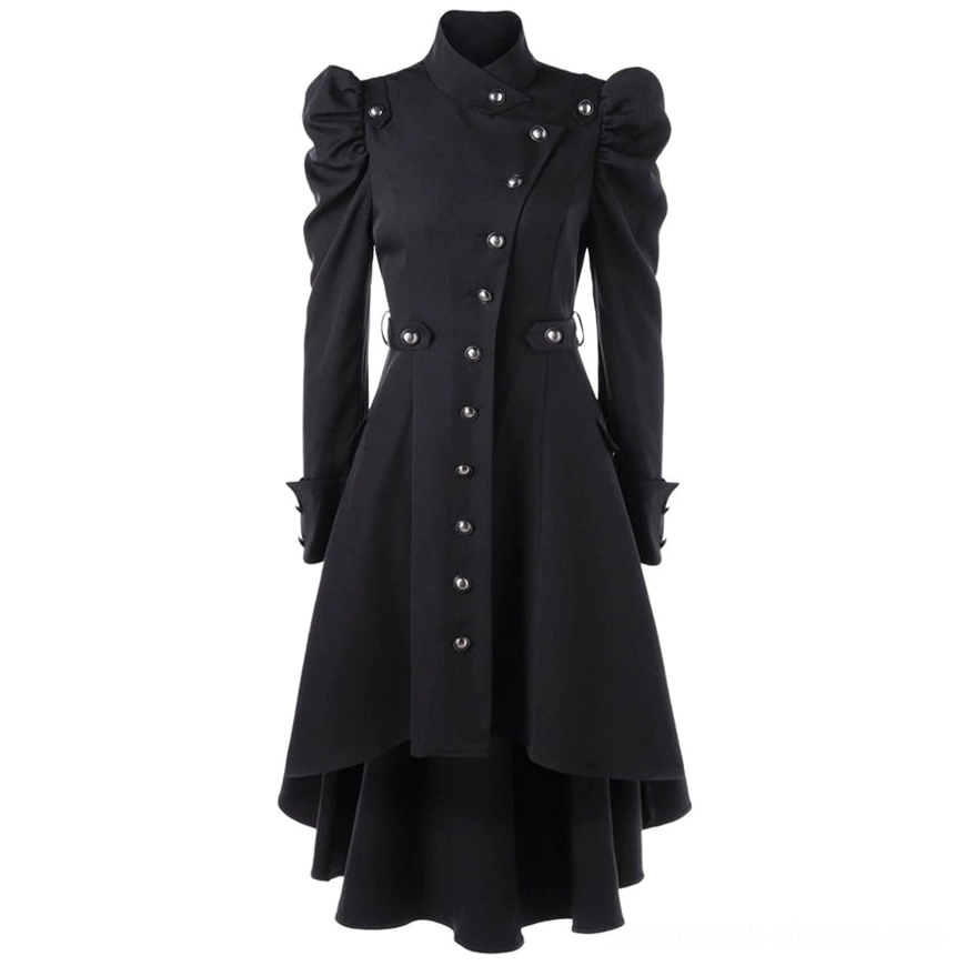 Black steampunk gothic trench coat front view with puff sleeves and high-low hemline on dress form