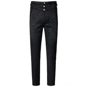 Men's steampunk formal pants flat lay front display, high-waisted design, triple button fly, dark damask jacquard pattern, full-length product shot