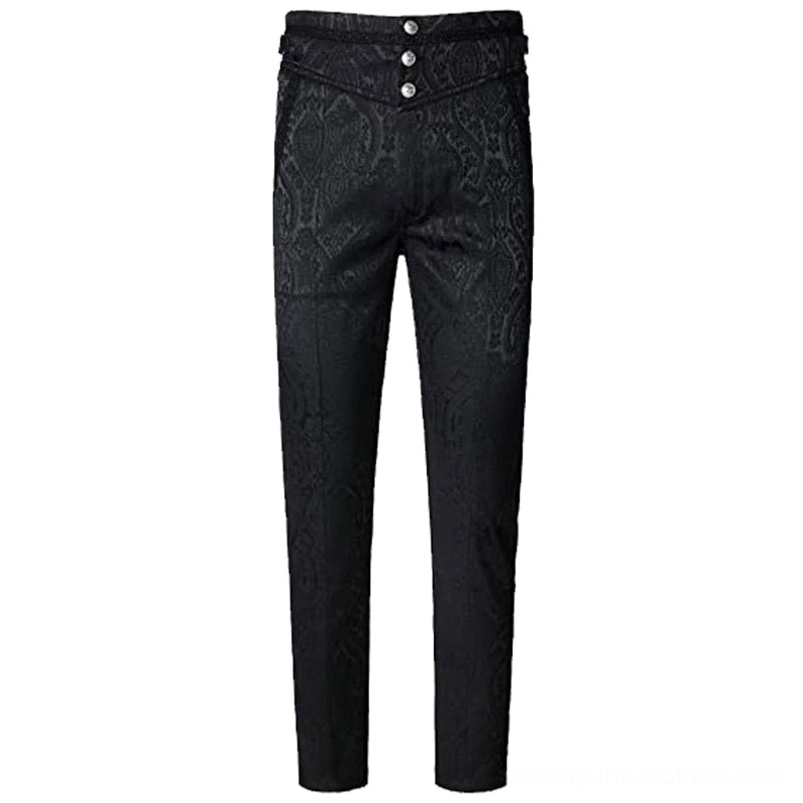 Men's steampunk formal pants flat lay front display, high-waisted design, triple button fly, dark damask jacquard pattern, full-length product shot