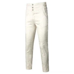White steampunk pants three-quarter front view showing adjustable side buckles and decorative silver waist hardware details