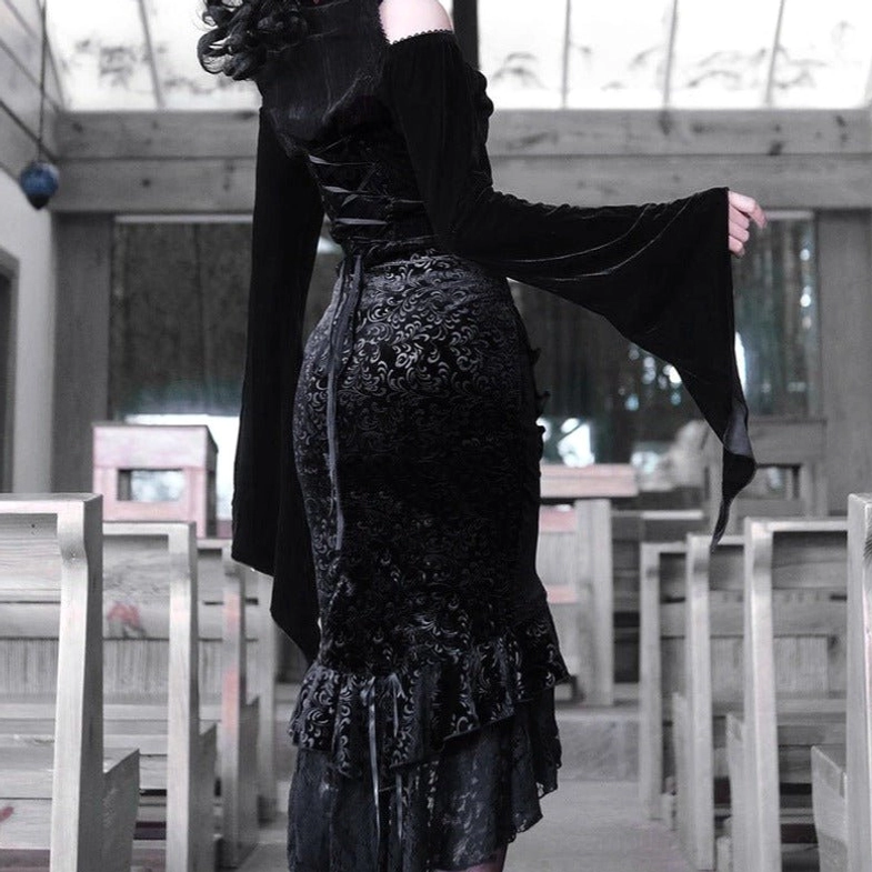Black jacquard velvet trumpet skirt with back lace-up corset design and fishtail ruffled hem, rear angle