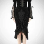 Black velvet steampunk trumpet skirt with damask pattern and asymmetrical ruffled hem, front flat view
