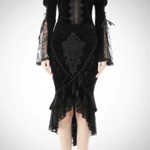 Black velvet steampunk trumpet skirt with damask pattern and asymmetrical ruffled hem, front flat view