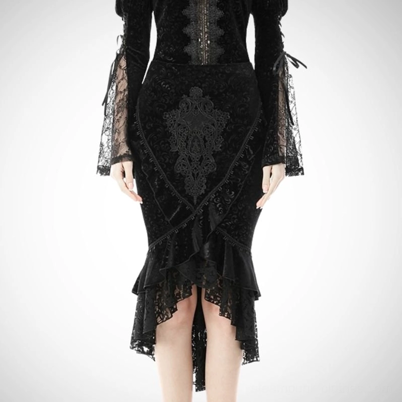 Black velvet steampunk trumpet skirt with damask pattern and asymmetrical ruffled hem, front flat view