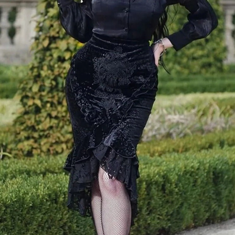 Damask velvet steampunk skirt with asymmetrical ruffles styled with fishnet stockings and gothic boots