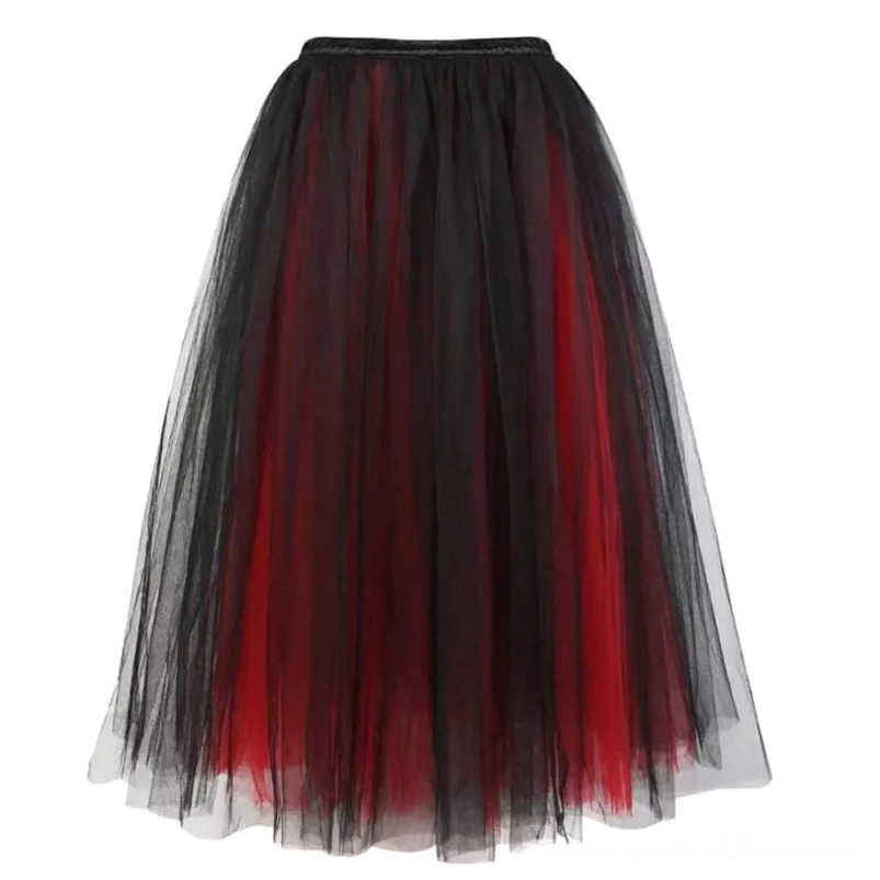 Black and red layered tulle skirt with elastic waistband for steampunk ensemble - detailed view on white background