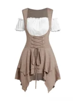 Steampunk asymmetric lace-up two-piece top set front view - brown and white layered Victorian blouse with corset waist and handkerchief hem