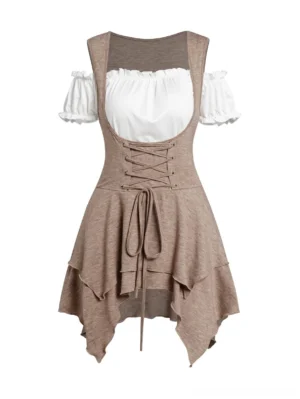 Steampunk asymmetric lace-up two-piece top set front view - brown and white layered Victorian blouse with corset waist and handkerchief hem