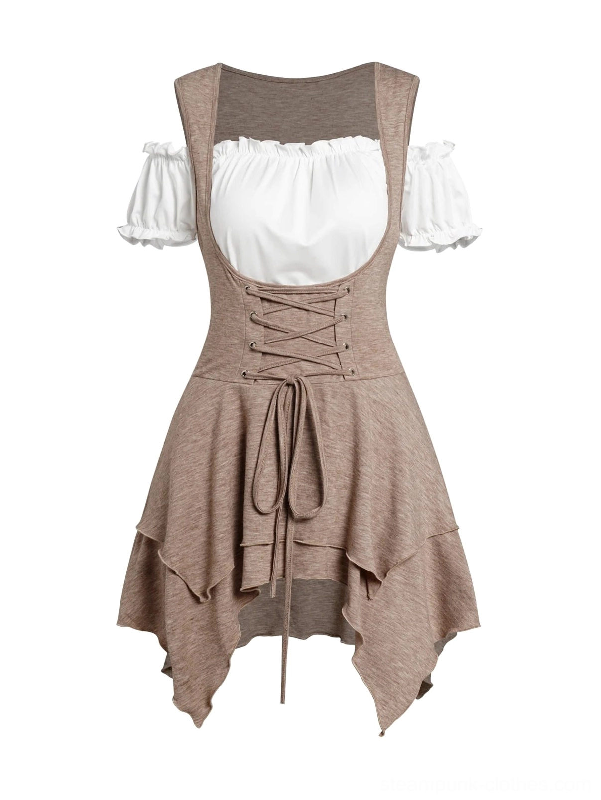 Steampunk asymmetric lace-up two-piece top set front view - brown and white layered Victorian blouse with corset waist and handkerchief hem