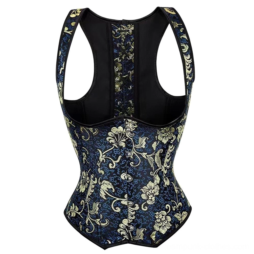 Sleeveless steampunk underbust corset back full view with metal hook-and-eye front closure and black fabric trim, gold brocade overlay visible