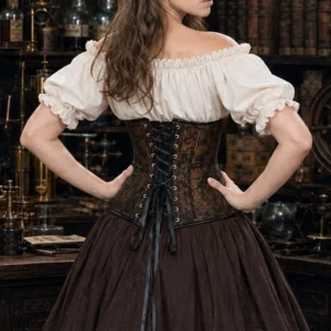 Steampunk underbust corset back view, showcasing black satin ribbon lace-up closure and matching bronze floral jacquard pattern, worn in vintage steampunk study background