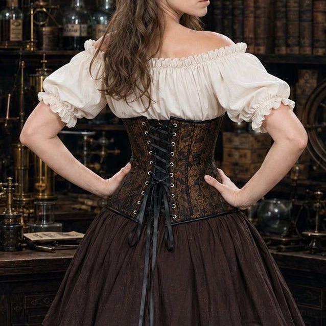 Steampunk underbust corset back view, showcasing black satin ribbon lace-up closure and matching bronze floral jacquard pattern, worn in vintage steampunk study background