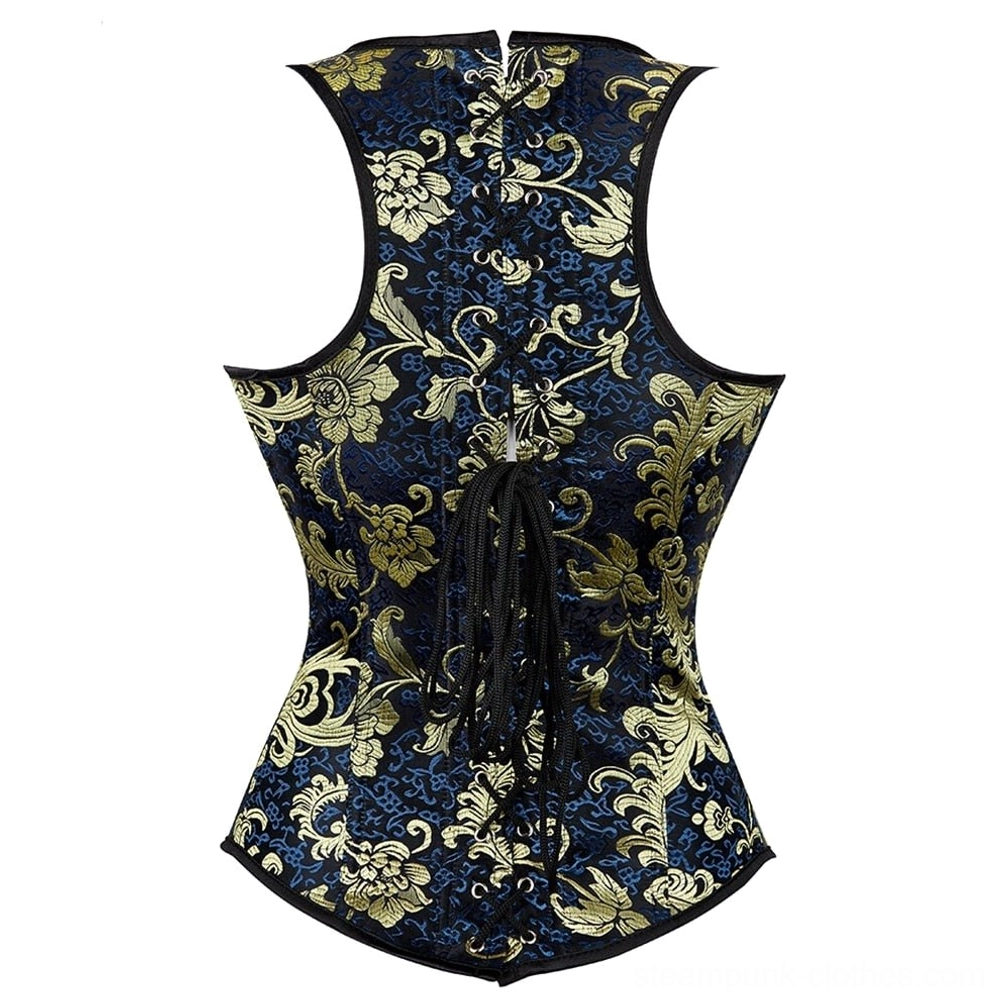 Steampunk underbust corset back view displaying central lace-up fastener with matching gold floral brocade print throughout, black shoulder straps