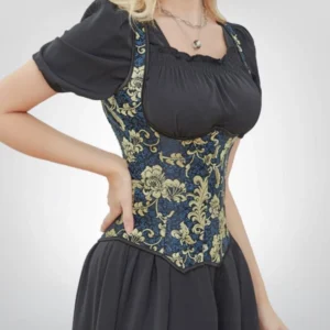 Gold floral brocade underbust corset worn three-quarter front view showing fitted waist definition, dark base fabric with intricate metallic detailing