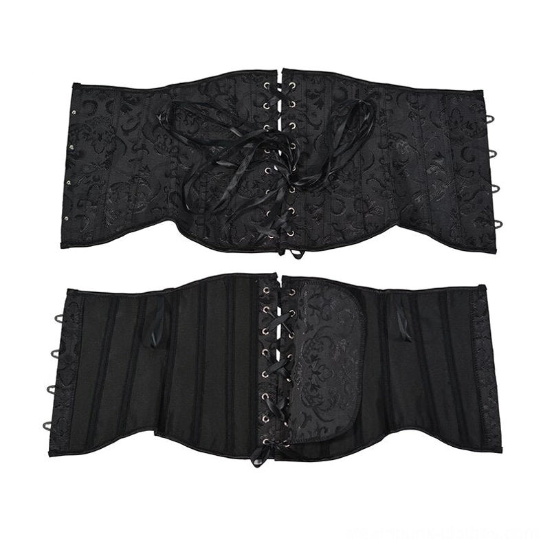 Flat lay top-down view of black jacquard underbust corset showing lace-up back and side hook fasteners