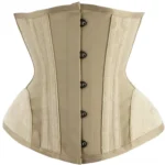 Beige hourglass steampunk underbust corset front view with embroidered jacquard fabric and metal hook closures