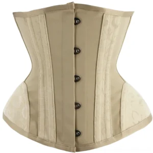 Beige hourglass steampunk underbust corset front view with embroidered jacquard fabric and metal hook closures