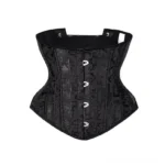 Black floral jacquard steampunk underbust corset front view with metal hook closures and curved hem