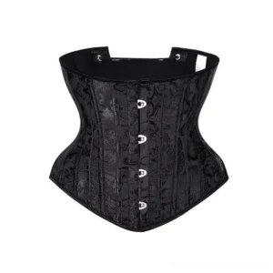 Black floral jacquard steampunk underbust corset front view with metal hook closures and curved hem