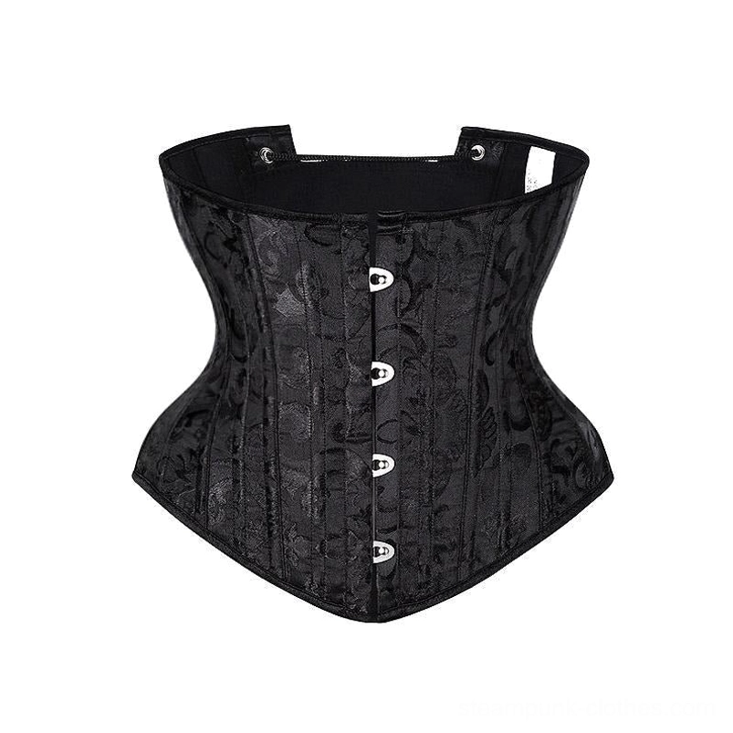 Black floral jacquard steampunk underbust corset front view with metal hook closures and curved hem