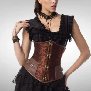 Steampunk corset three-quarter angle view showing leather waist panel and brocade fabric detail with model wearing black ruffled top