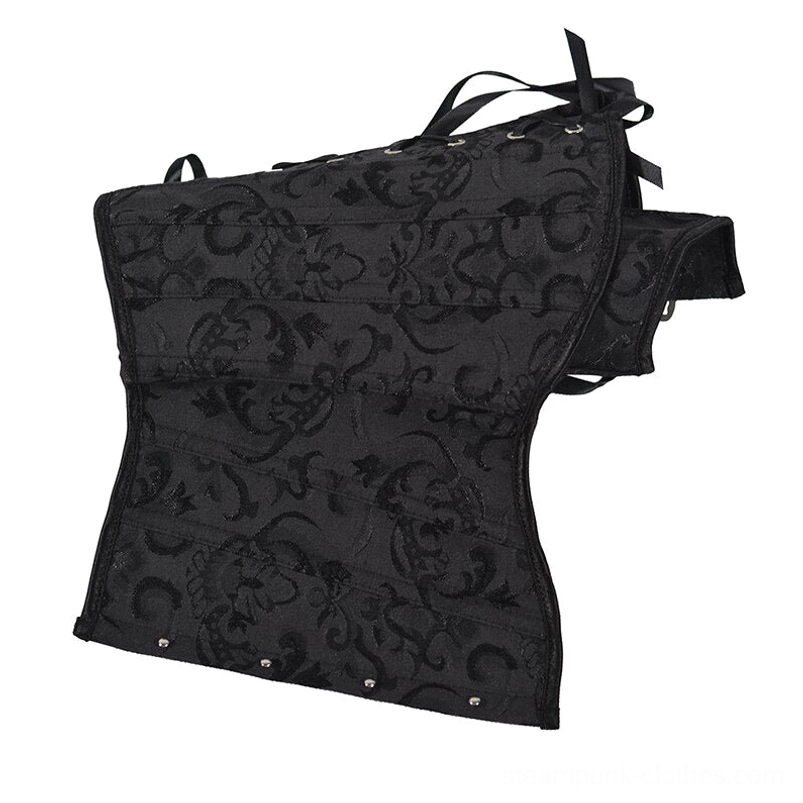 Three-quarter side perspective of black floral jacquard steampunk underbust corset with metal eyelets and detachable straps