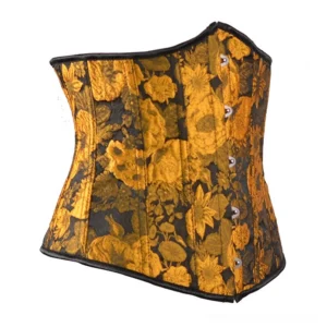 Steampunk sunflower underbust corset side angle - three-quarter view showing metal eye fasteners and structured construction