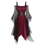 Steampunk vampire off-shoulder dress with burgundy fabric, striped mesh sleeves, and black faux leather buckle harness—front full view on white background