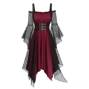 Steampunk vampire off-shoulder dress with burgundy fabric, striped mesh sleeves, and black faux leather buckle harness—front full view on white background
