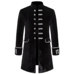 Black velvet steampunk military coat front view with silver braid trims and metal star buttons